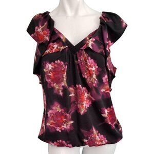 Ann Taylor Loft Blouse Floral Silky Sz Medium Petite with Ruffles Black Romantic